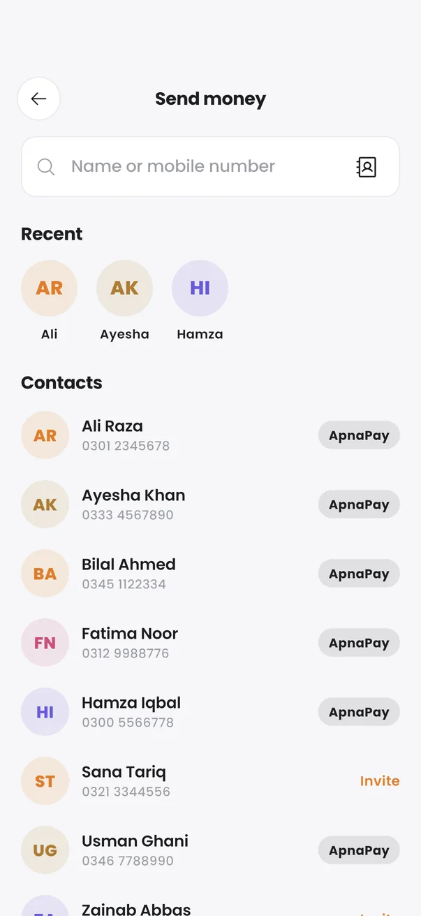 Send money screen with contacts
