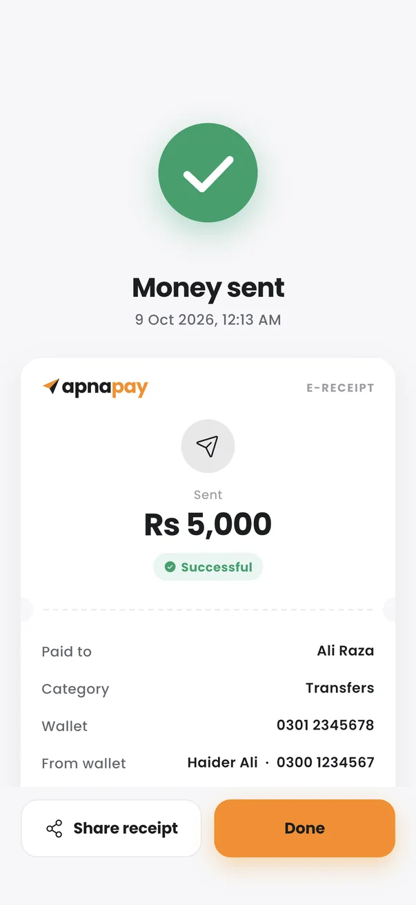 Payment receipt for money sent with ApnaPay