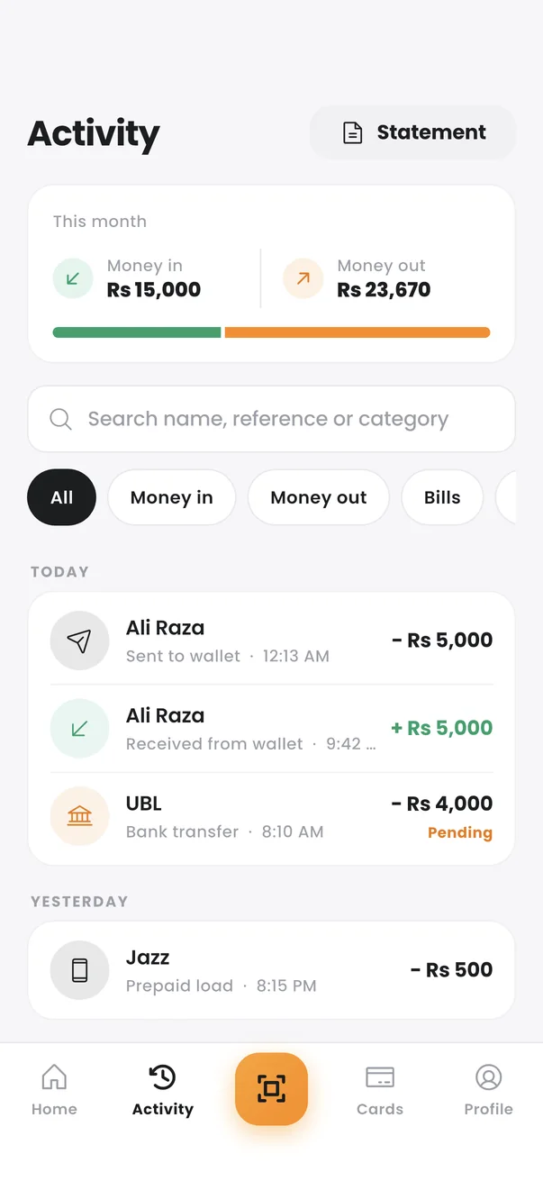 Transaction history with filters